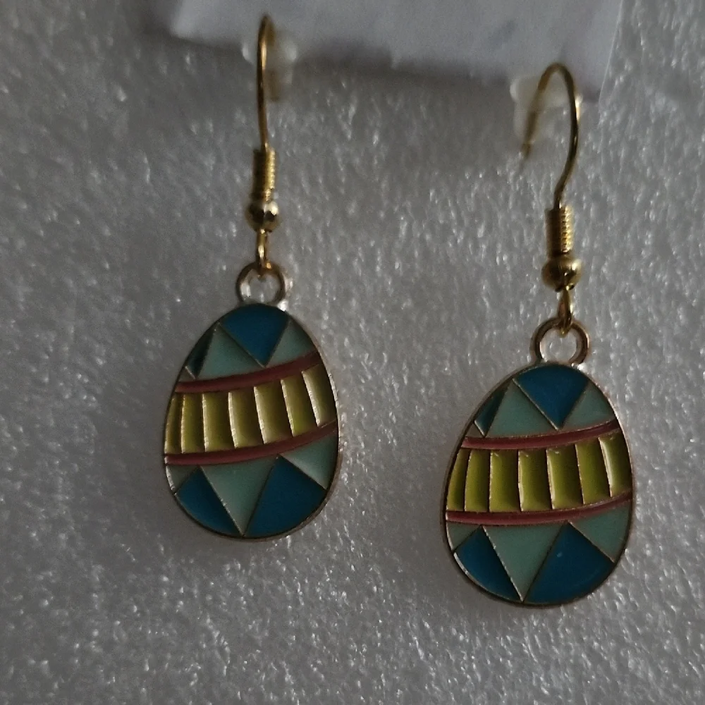 Hand Crafted Gold Teardrop Earrings with Blue and Lime Accents